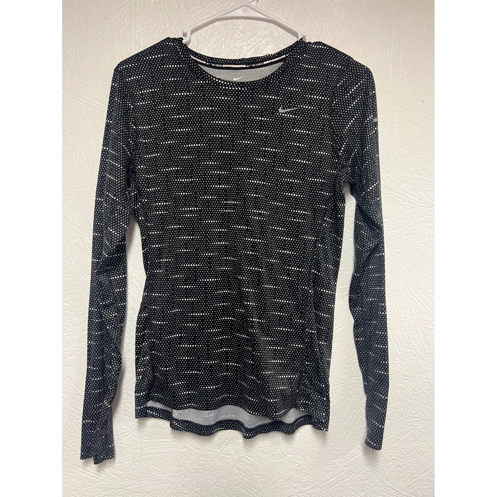 Nike Running Dri-FIT Long Sleeve Shirt Womens Small Black White Polka Dot Top